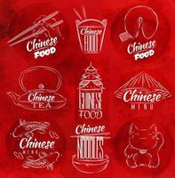 conjunto de iconos de símbolos comida china en estilo retro letras fideos chinos, gato de la suerte, té chino, palillos, galletas de la fortuna, caja de comida china para llevar en fondo de acuarela roja vector