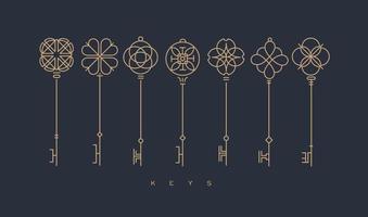 Set of key collection in modern line style drawing on gray background. vector