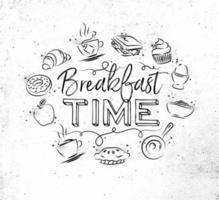 Monograma de la hora del desayuno con dibujo de icono de comida sobre papel sucio