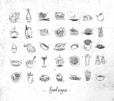 Set of food icons drawing with black lines on dirty paper background vector