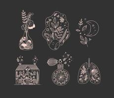 Set of floral art icons in hand made line style vase of flowers, woman face, moon, house, perfume bottle, human lungs drawing on black background vector