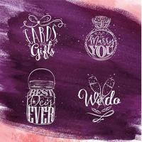 Wedding symbols lettering cards and gifts, want to marry you, best, day ever, we do drawing on violet watercolor vector