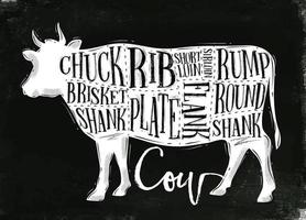 Poster beef cutting scheme lettering chuck, brisket, shank, rib, plate, flank, sirloin, shortloin, rump, round, shank in vintage style drawing with chalk on chalkboard background vector