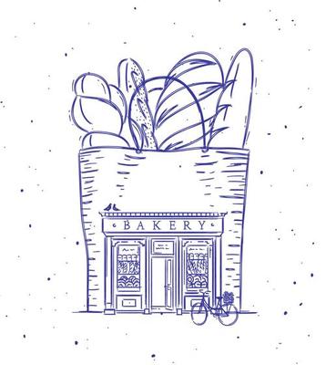 Bag with baguettes a storefront of bakery drawing in vintage style on white background