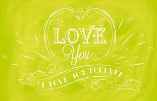 Lovely card in an openwork style - i love you forever on a green background with transparent watercolor hearts. vector
