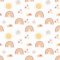 Cute children's seamless pattern with elements of boho, sun, rainbow, in cartoon style. Editable vector illustration.