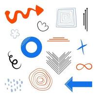 conjunto de formas y garabatos. flechas abstractas, objetos vectoriales de moda, líneas, rizos naranja, colores azules. vector