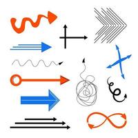 Set of doodle arrows. Abstract arrows, trendy vector objects orange, blue, black colors.