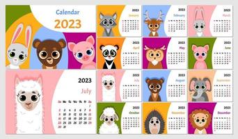 calendario 2023 con lindos animales. portada y 12 páginas del mes. semana comienza el domingo. vector