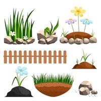 Set of early spring green grass and flowers. Summer in garden. Vector flower bed, fence, blooms, seedlings.