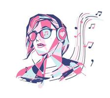 Girl in big headphones with a picture of a heart listens to music. Abstract image of a music lover, love of music, notes and sound.