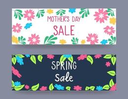Set of banners for spring sale. Bright spring flowers and leaves. Vector illustration