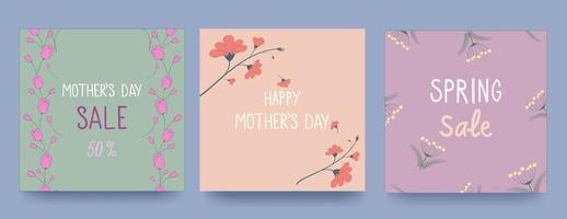 Mother s Day card set with hearts and spring flowers in pastel colors. Vector illustration