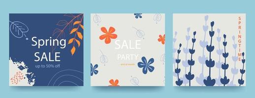 Spring bright square backgrounds. Minimalistic style with floral elements and texture. Editable template. Sale banners. Vector illustration