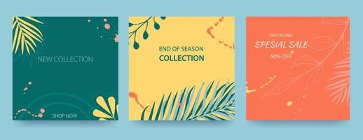 Set of sale banners with tropical leaves, plants and blots. Announcement of a new collection, discounts on it. Template for sale, advertising, Internet. Vector illustration