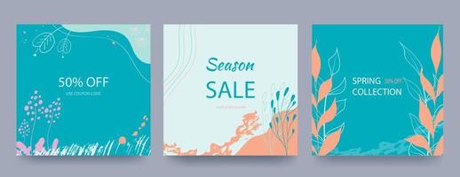 fondos cuadrados de primavera en colores pastel. estilo minimalista con elementos florales y textura. plantilla de ventas editable. vector
