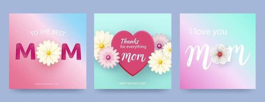 Set of Mother s Day cards with hearts and spring flowers in pastel colors. Heart shaped vector love symbols for Mother s Day greeting card design. Vector illustration