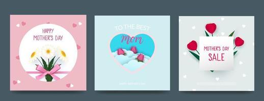Set of Mother s Day cards with hearts and spring flowers in pastel colors. Heart shaped vector love symbols for Mother s Day greeting card design. Vector