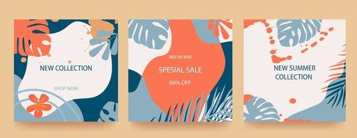 Set of advertising banners with tropical leaves, plants and spots in trendy colors. Announcement of a new collection, discounts on it, summer sale. Template for sale, advertising, web.
