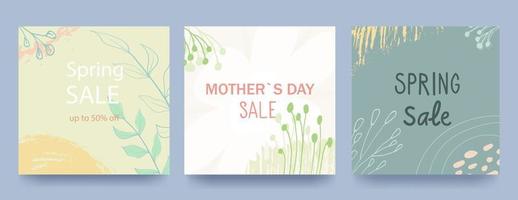 Spring green square backgrounds. Minimalistic style with floral elements and texture. Editable template. Sale banner. Vector illustration