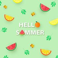 Hello summer. Square banner with lemon, orange, watermelon slices, leaves and butterflies. Vector illustration