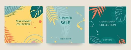 conjunto de carteles publicitarios con hojas tropicales, plantas y manchas. anuncio de una nueva colección, descuentos en ella, venta de verano. plantilla para venta, publicidad, internet. ilustración vectorial vector