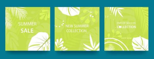 Set of promotional banners with tropical leaves, plants and trendy flower patches. Light green. Announcement of a new collection, discounts on it, summer sale. . Vector illustration