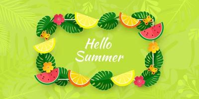 Hola Verano. banner horizontal con hojas tropicales, plantas, parches de flores de moda y rodajas de limón y naranja. ilustración vectorial vector