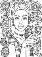 mujer afroamericana bebiendo café para colorear para adultos vector