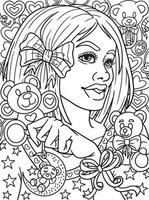 Afro American Woman With Toy Bear Adult Coloring vector