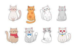 linda colección de gatos. conjunto de gatitos divertidos domésticos. ilustración vectorial aislado sobre fondo blanco. vector