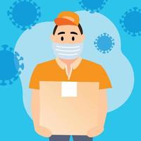Delivery man with medical mask standing and holding parcel post box. Courier or delivery service. Man characters with parcels packages boxes. Protection, virus. Vector illustration.