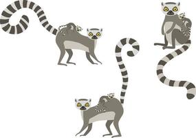 Cartoon animals. Mother lemur stands with her little cute baby. Set vector illustration