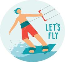 Kitesurfing. Sportsman kitesurfer. Water sports of extreme sports, summer rest on water. Colorful vector illustration in flat style.
