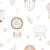 Seamless pattern with the cute dreamcatcher, moon, and clouds. Childish print for nursery in a Scandinavian style for baby clothes, interior, packaging. Vector cartoon illustration in pastel colors.