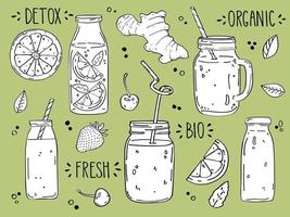 Smoothies. Detox diet drinks in a different bottle, cup with fresh fruit and berries strawberry, cherry and ginger smoothie sketch vector drinking menu and healthy lemonade in glass set