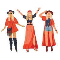 Set of three young women characters in summer outfits. Boho-chic style fashion set for young women. Trendy outfits. Vector illustration