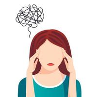 ansiedad, mujer triste y deprimida. situación de vida difícil, dolor de cabeza, confusión. estado de ánimo y salud de las mujeres. vector