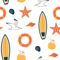 Summer pattern. Vector seamless pattern with summer symbols, such as surfboard, seagull, lifebuoy, and starfish. Isolated on white.