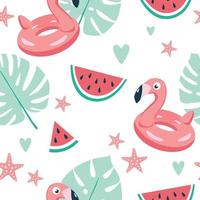 Summer pattern. Vector seamless pattern with summer symbols, such as flamingo, tropical leaves, watermelon, and starfish. Isolated on white.