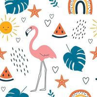 Summer pattern. Vector seamless pattern with summer symbols, such as flamingo, tropical leaves, watermelon, and starfish. Isolated on white.