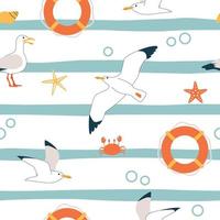 Summer pattern. Vector seamless pattern with summer symbols, such as seagulls, starfish, and lifebuoy.