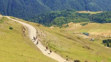 Upper omalo, tusheti, géorgie - 28 août 2020. vue sur la compétition de courses de chevaux à tusheti avec des spectateurs en train de filmer excités video