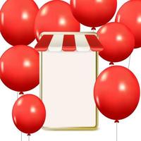 Smartphone online shopping with balloons full of space, mobile phone and balloons 3d vector design. Illustration