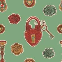 Valentine Day green vintage seamless pattern. Roses and heart lock in a retro sketch style on a green background vector