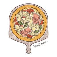 pizza hawaii con jamón de parma y dibujo de piña ilustración vector