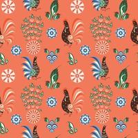 Russian folk seamless pattern with chickens and cockerels on a red field