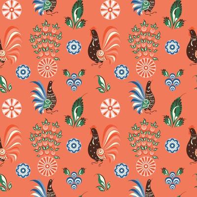 Russian folk seamless pattern with chickens and cockerels on a red field
