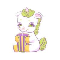 Cute little white unicorn drinks a striped glass milkshake. vector