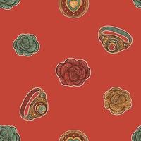 Valentine Day red vintage seamless pattern. Roses and rings in a retro sketch style on a red background vector